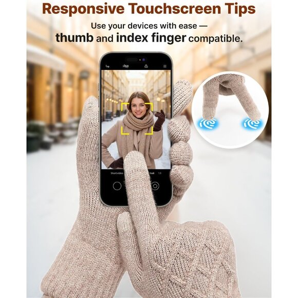 🆕Women Beige Winter Warm Touchscreen Texting Knit Thermal Wool Lining Gloves - Picture 5 of 8